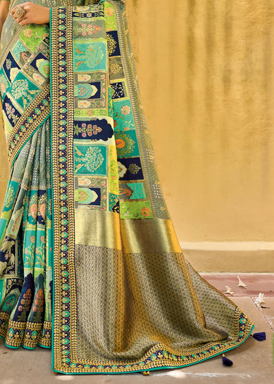 Grey-Green-Blue Color Pure Dola Silk Gota Patti Embroiderey Work Saree