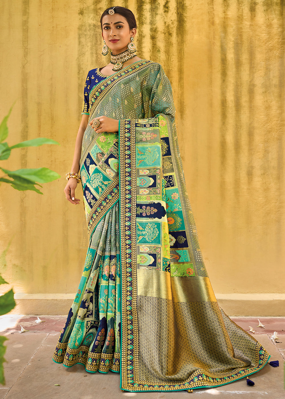 Grey-Green-Blue Color Pure Dola Silk Gota Patti Embroiderey Work Saree