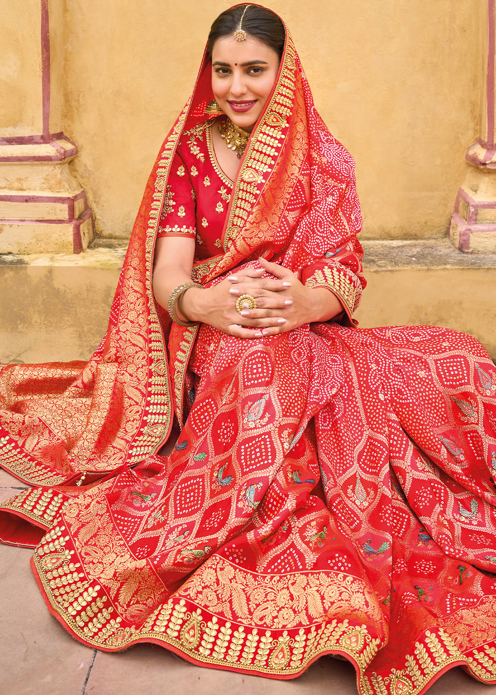 Red Color Pure Dola Silk Gota Patti Embroiderey Work Saree