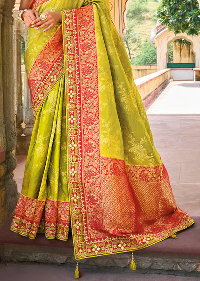 Green-Pink Color Pure Dola Silk Gota Patti Embroiderey Work Saree