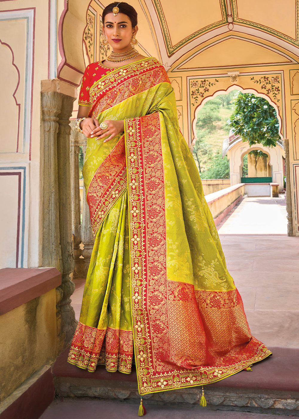 Green-Pink Color Pure Dola Silk Gota Patti Embroiderey Work Saree