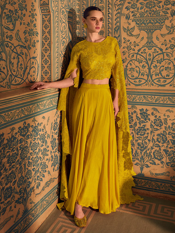 Mustard Chinon Silk Palazzo Set with Long Sleeves Embroidered Top House of Panchhi