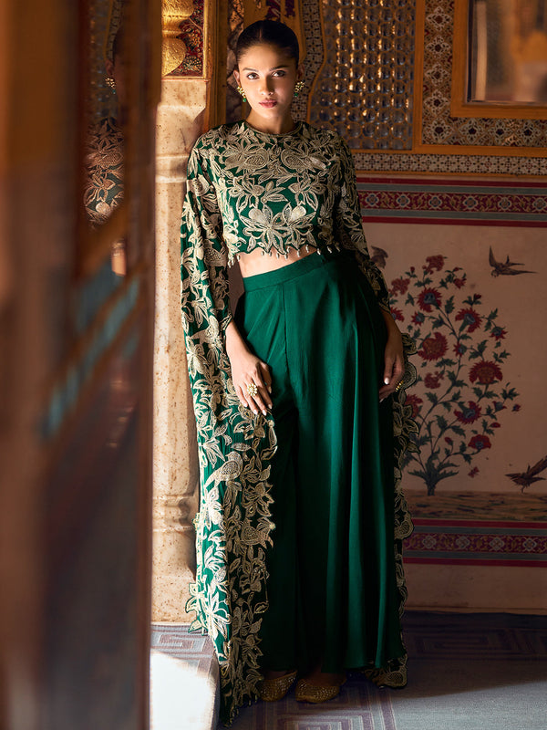 Green Chinon Silk Palazzo Set with Long Sleeves Embroidered Top House of Panchhi