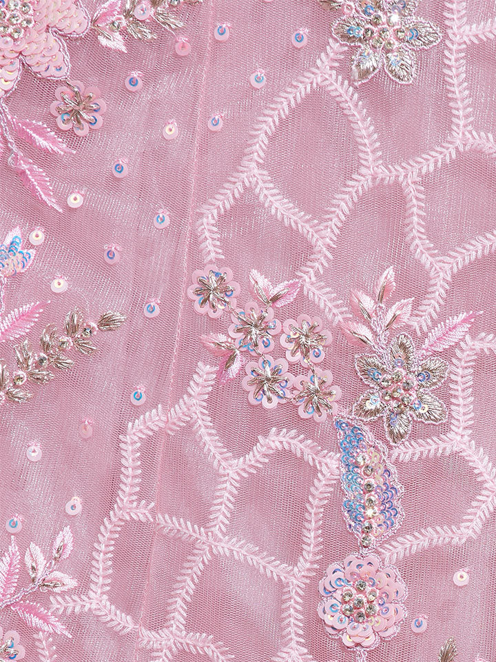 Pink Color Net Sequins Work Semi-Stitched Lehenga