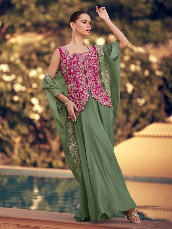 Saga Green & Pink Designer Indo Western Party Wear Palazzo Top  with Cape House of Panchhi