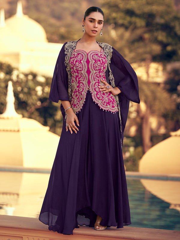 Purple & Pink Designer Indo Western Party Wear Palazzo Top with Cape House of Panchhi