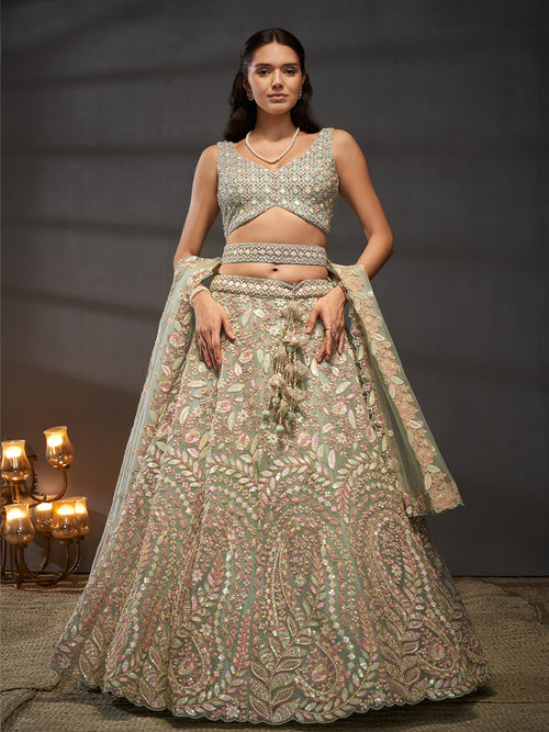 Multi Sequins Heavy Zarkan Net Embroidered Semi-Stitched Bridal Lehenga choli