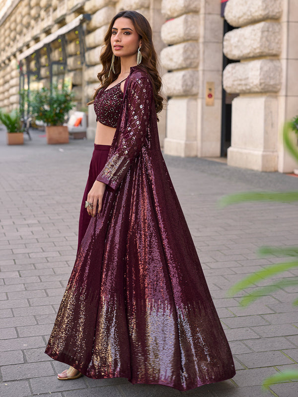 Deep wine Designer Indo Western Party Wear Palazzo Crop Top with Cape House of Panchhi