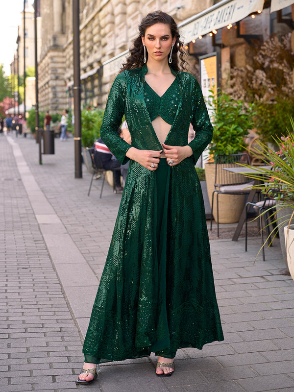 Green Designer Indo Western Party Wear Palazzo Crop Top with Long Shrug House of Panchhi
