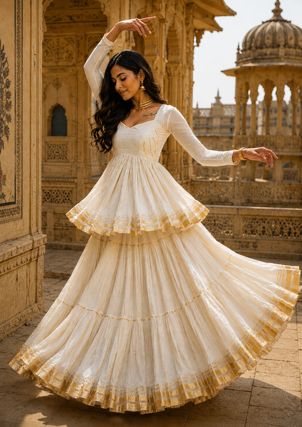 Cream color Navratri Designer Ready To Wear Kediya Lehenga Set houseofpanchhi