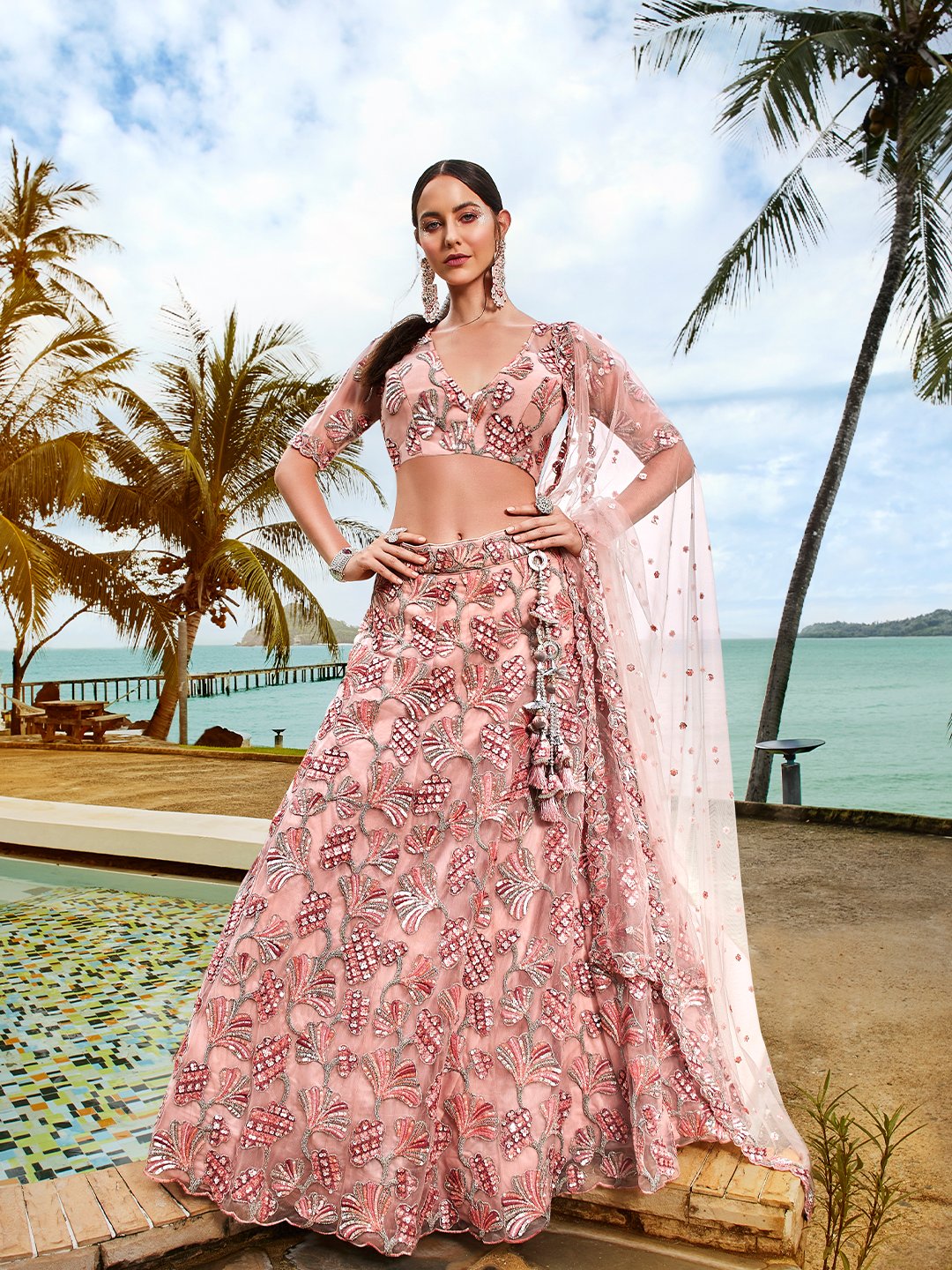 Peach-Golden-Silver Sequins and thread Embroidered Net Semi-Stitched Lehenga choli