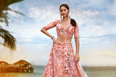 Peach-Golden-Silver Sequins and thread Embroidered Net Semi-Stitched Lehenga choli
