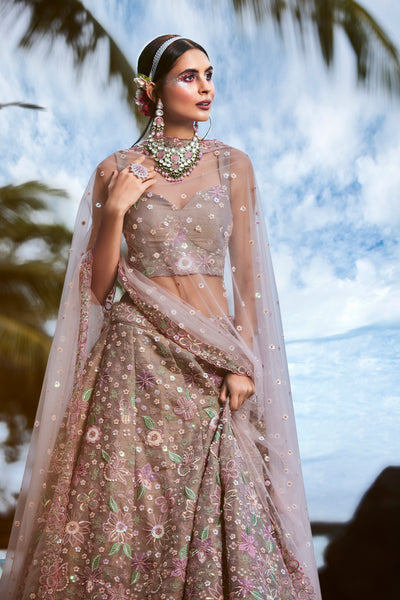 Rose gold Color Multi Sequins & Zarkan Embroidered Bridal Net Semi-Stitched Lehenga