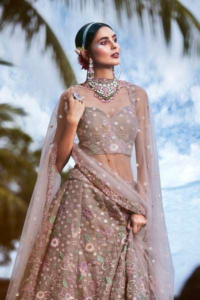 Rose gold Color Multi Sequins & Zarkan Embroidered Bridal Net Semi-Stitched Lehenga