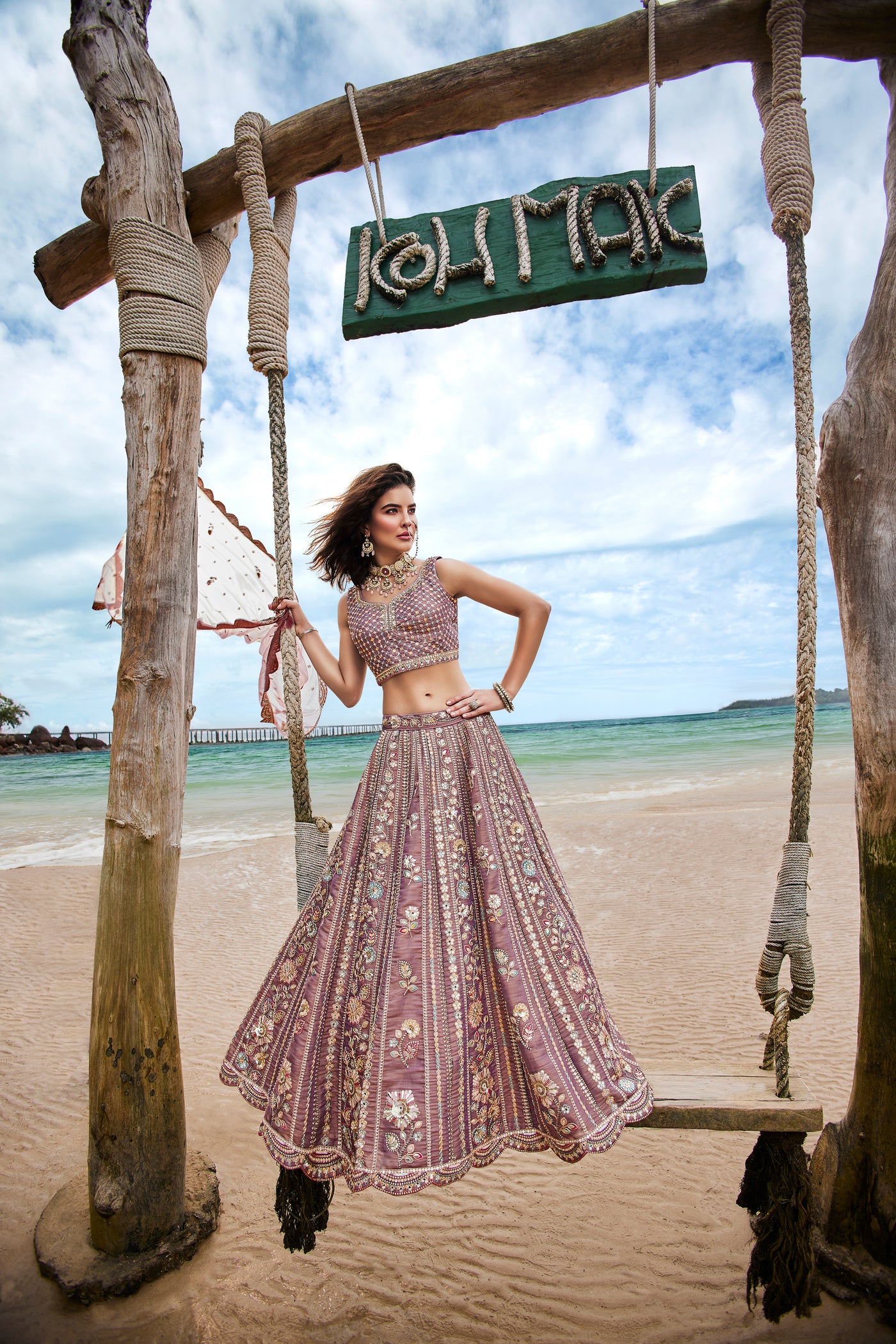 Rosegold Bridal Net Sequins, Moti, Mirror and thread embroidery Semi-Stitched Lehenga