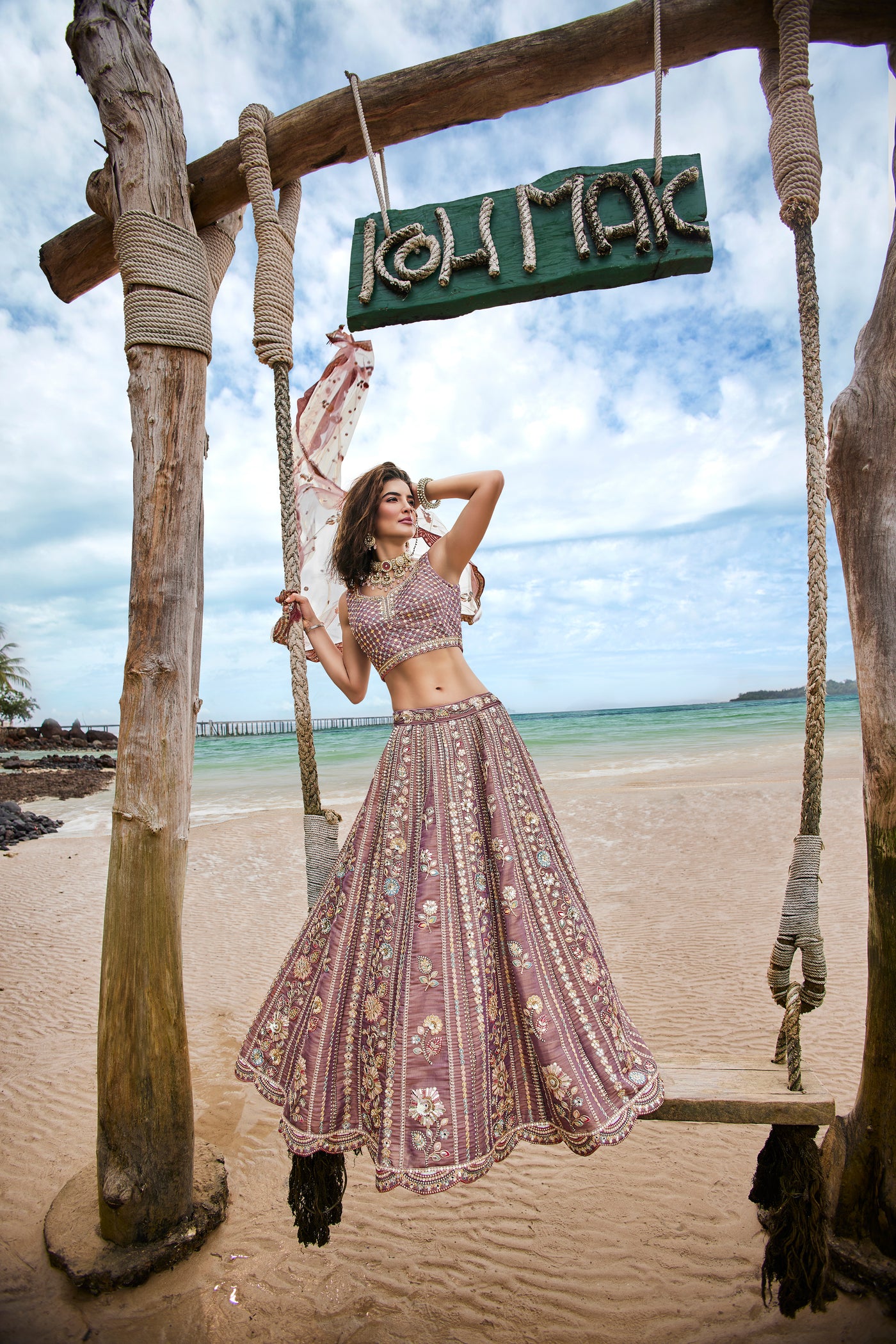 Rosegold Bridal Net Sequins, Moti, Mirror and thread embroidery Semi-Stitched Lehenga