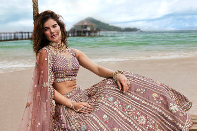 Rosegold Bridal Net Sequins, Moti, Mirror and thread embroidery Semi-Stitched Lehenga