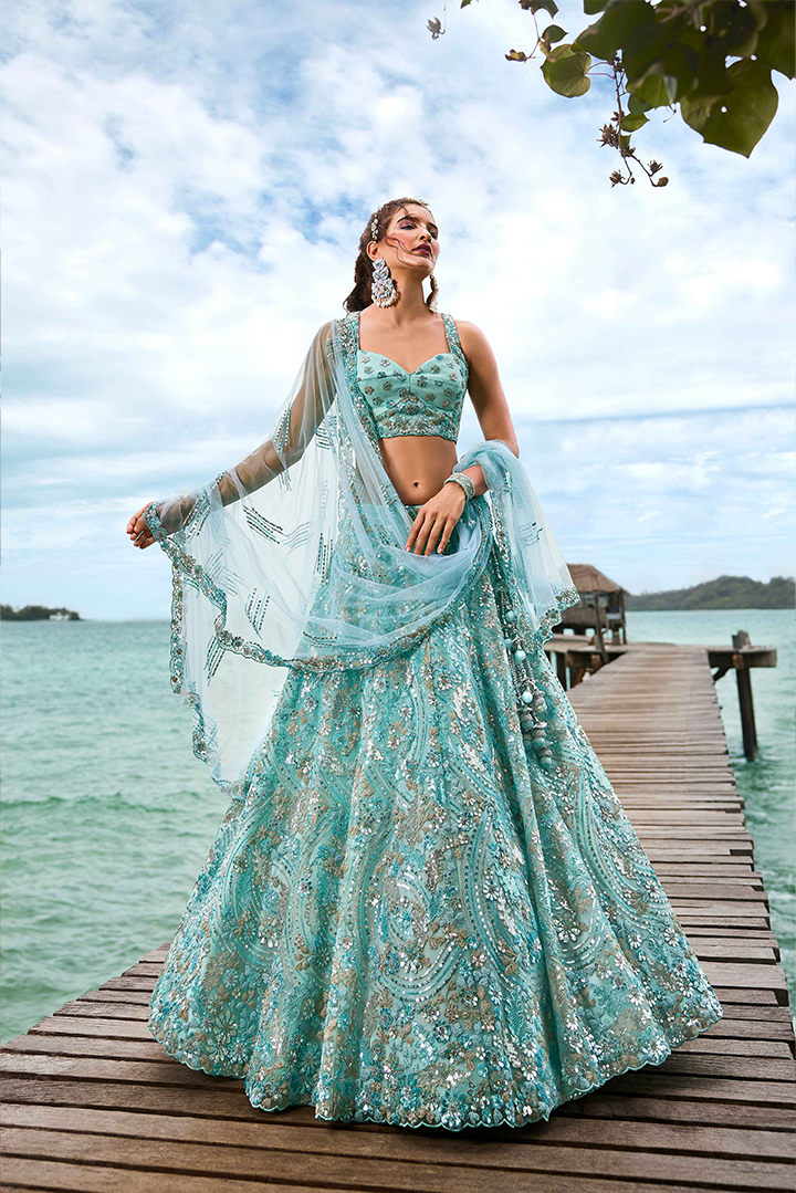 Golden-Sky Color Sequined Heavy Embroidery using thread Semi-Stitched Lehenga Choli