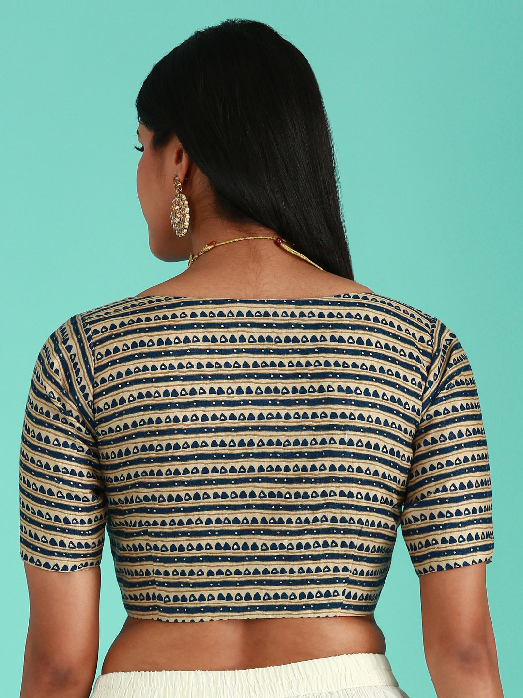 Navy Blue-Toned Cotton Silk Tribal Pattern Print Readymade Blouse