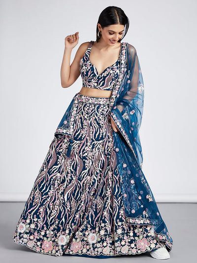 Multi-Sequins & Thread Work Embroidery Net Semi-Stitched Lehenga House of Panchhi
#color_navy-blue