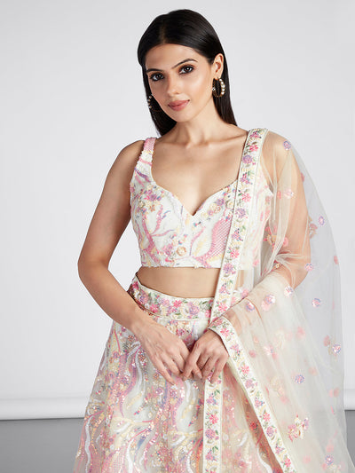 Multi-Sequins & Thread Work Embroidery Net Semi-Stitched Lehenga House of Panchhi
#color_cream