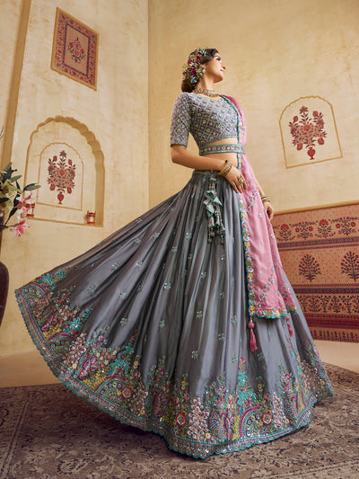 Grey Color Silk Fabric Sequins embroidery Semi-Stitched Lehenga choli & Dupatta houseofpanchhi