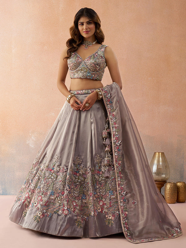 Lavender Tissue Sequined with Zarkan Embroidered Semi-Stitched Lehenga Set House of Panchhi