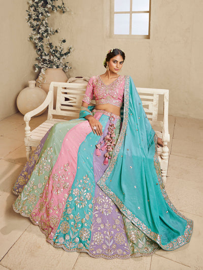 Multi Color Kali Georgette Fabric Golden Sequined,Thread,Coding Embroidered Semi-Stitched Lehenga choli House of Panchhi