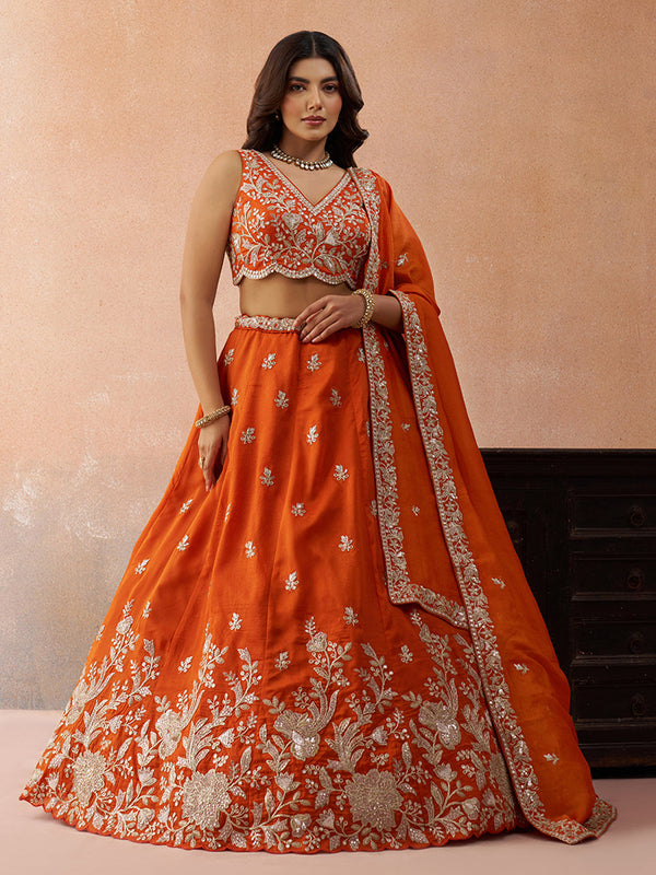 Orange Tissue Sequined with Zari Embroidered Semi-Stitched Lehenga Set House of Panchhi