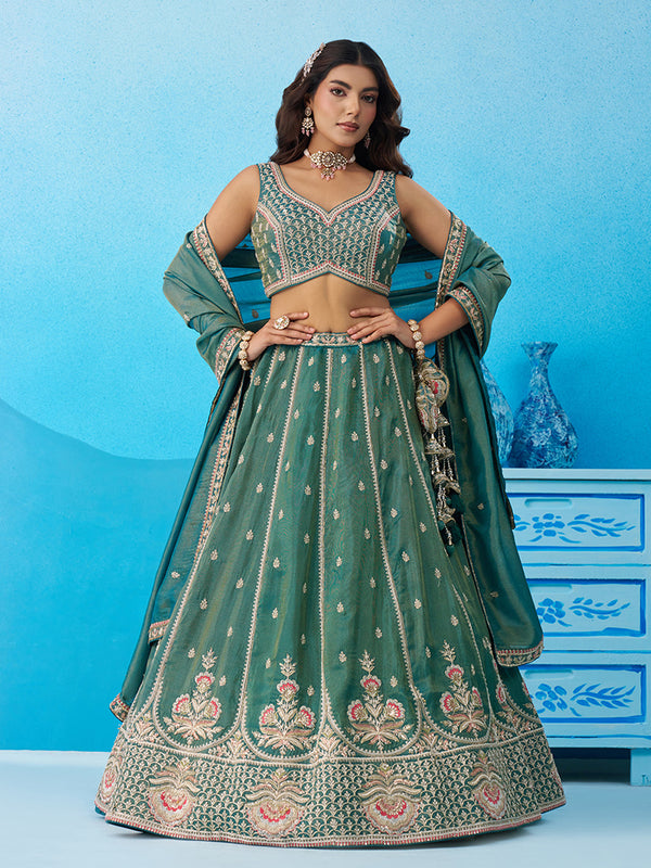 Teal Tissue Beads & Sequins Embroidered Semi-Stitched Lehenga Set House of Panchhi