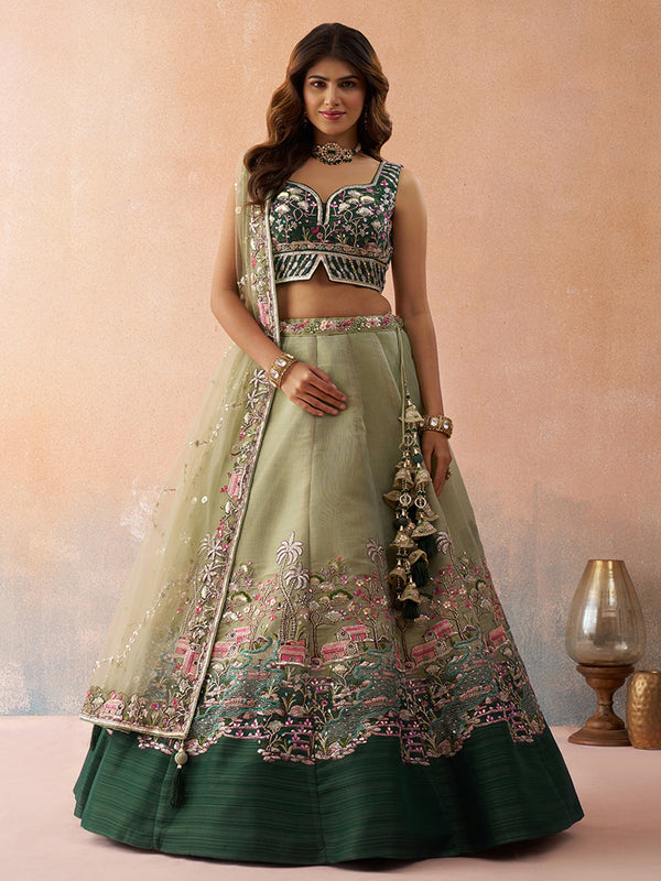 Ombre Green and Lime green Net Sequins Embroidered Semi-Stitched Lehenga Set House of Panchhi