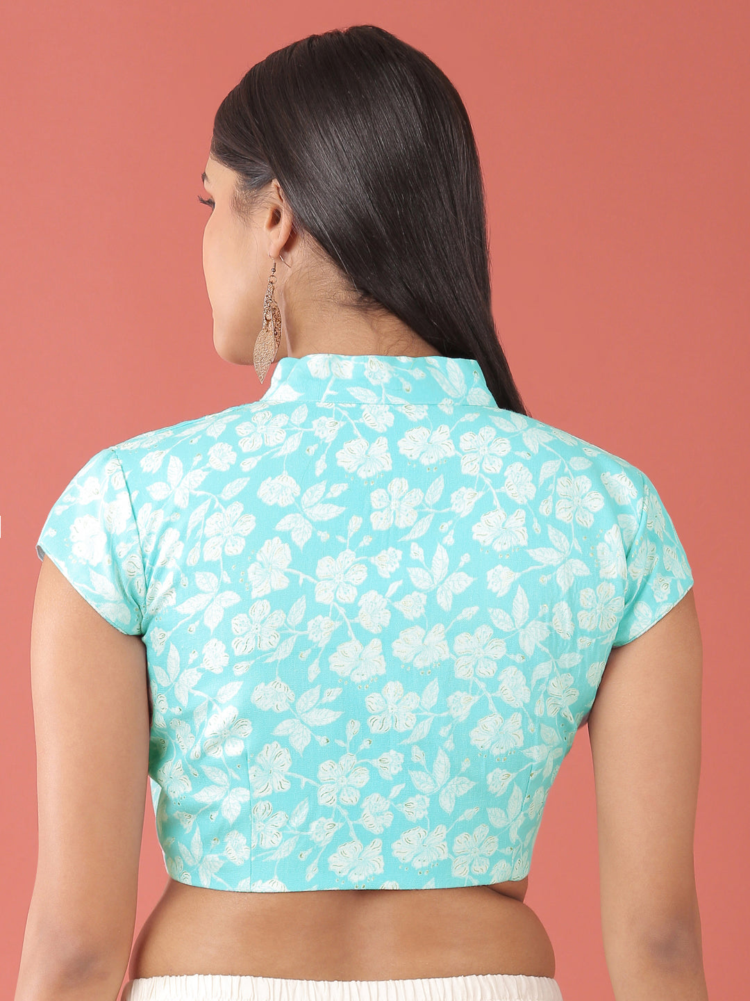 Turquoise Blue-Toned Cotton Silk-Floral Print Readymade Blouse