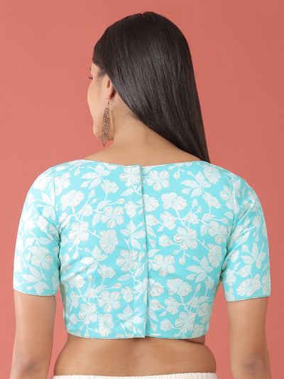 Turquoise Blue Toned Cotton Floral & Golden Foil Print readymade blouse