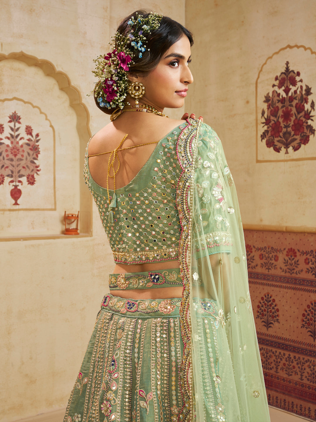 Rosegold Bridal Net Sequins, Moti, Mirror and thread embroidery Semi-Stitched Lehenga House of Panchhi