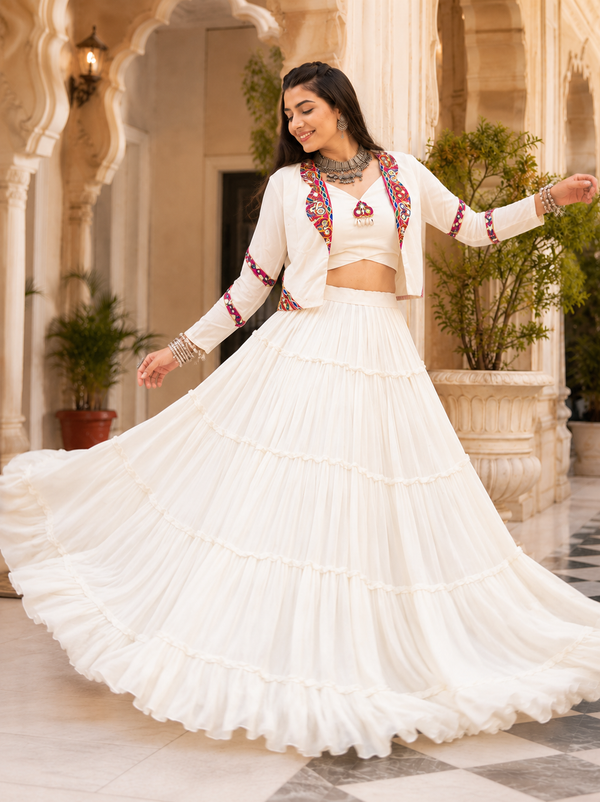 Cream Color Navratri Designer Ready To Wear Lehenga Jacket Set houseofpanchhi