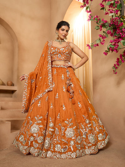 Orange- Tissue Fabric Sequinse embroidery Semi-Stitched Lehenga & Unstitched Blouse With Dupatta houseofpanchhi