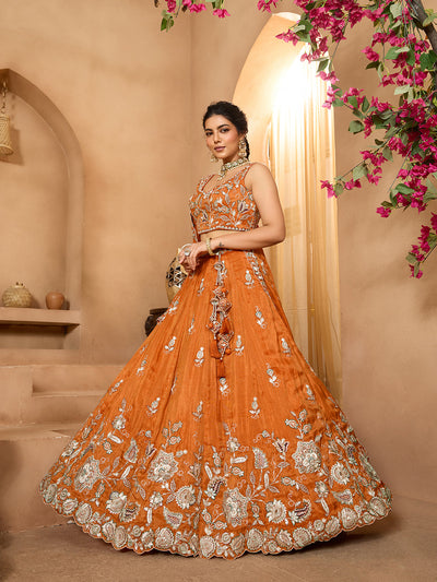 Orange- Tissue Fabric Sequinse embroidery Semi-Stitched Lehenga & Unstitched Blouse With Dupatta houseofpanchhi