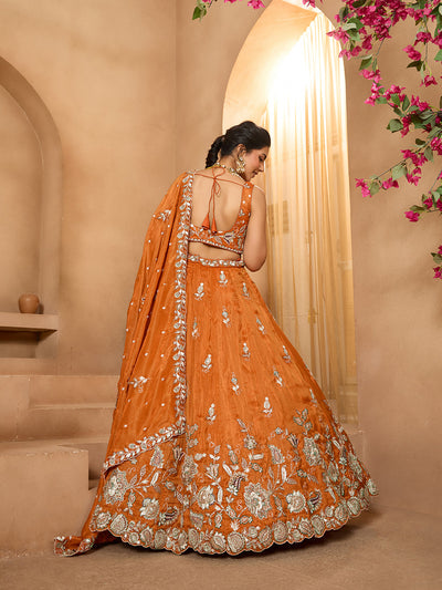 Orange- Tissue Fabric Sequinse embroidery Semi-Stitched Lehenga & Unstitched Blouse With Dupatta houseofpanchhi