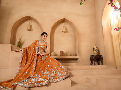 Orange- Tissue Fabric Sequinse embroidery Semi-Stitched Lehenga & Unstitched Blouse With Dupatta houseofpanchhi