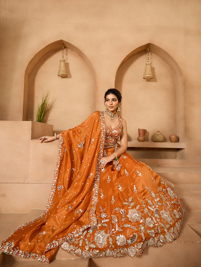 Orange- Tissue Fabric Sequinse embroidery Semi-Stitched Lehenga & Unstitched Blouse With Dupatta houseofpanchhi