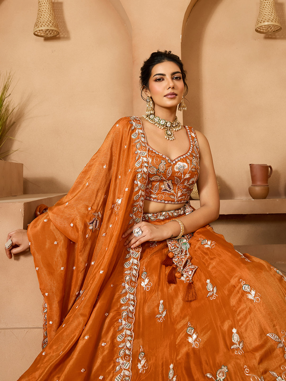 Orange- Tissue Fabric Sequinse embroidery Semi-Stitched Lehenga & Unstitched Blouse With Dupatta houseofpanchhi
