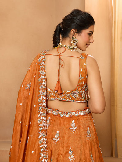 Orange- Tissue Fabric Sequinse embroidery Semi-Stitched Lehenga & Unstitched Blouse With Dupatta houseofpanchhi