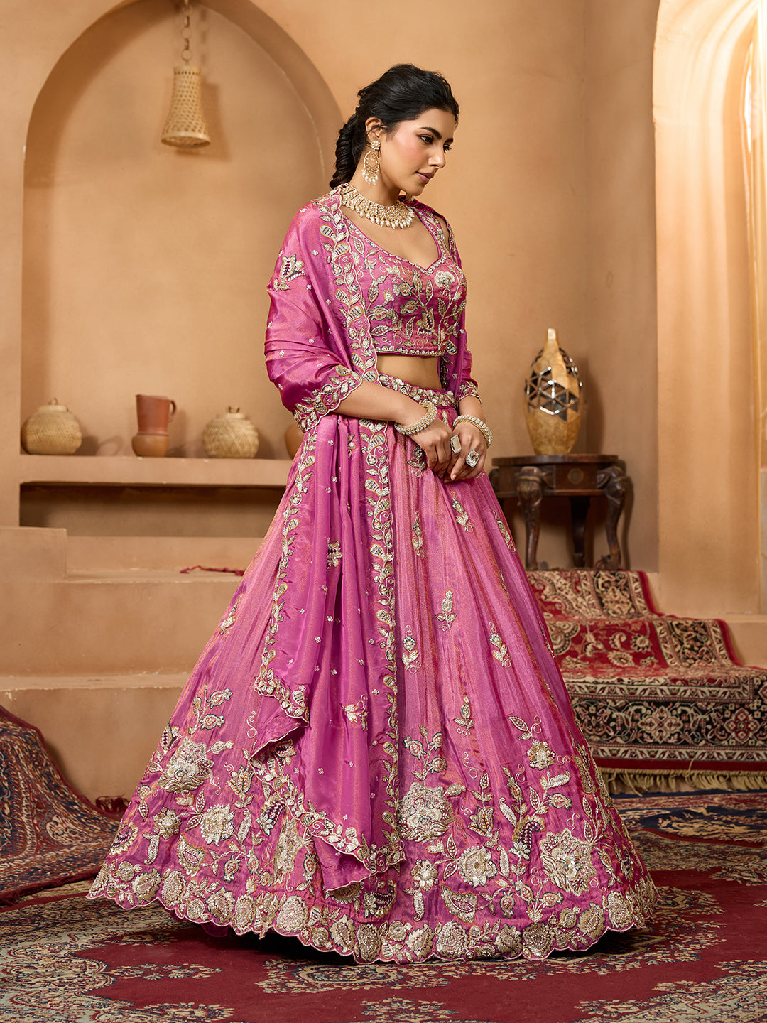 Orange- Tissue Fabric Sequinse embroidery Semi-Stitched Lehenga & Unstitched Blouse With Dupatta houseofpanchhi