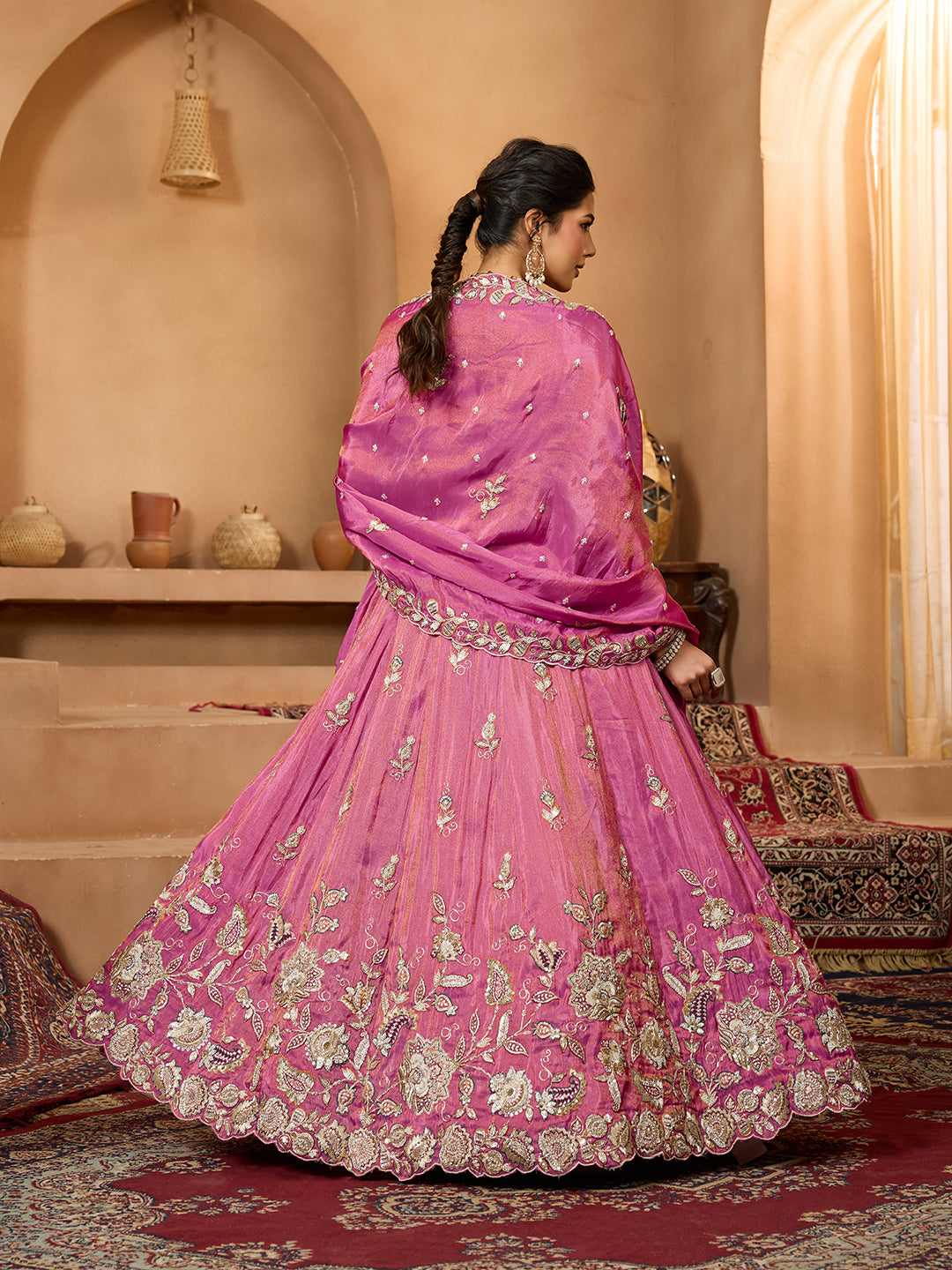 Orange- Tissue Fabric Sequinse embroidery Semi-Stitched Lehenga & Unstitched Blouse With Dupatta houseofpanchhi