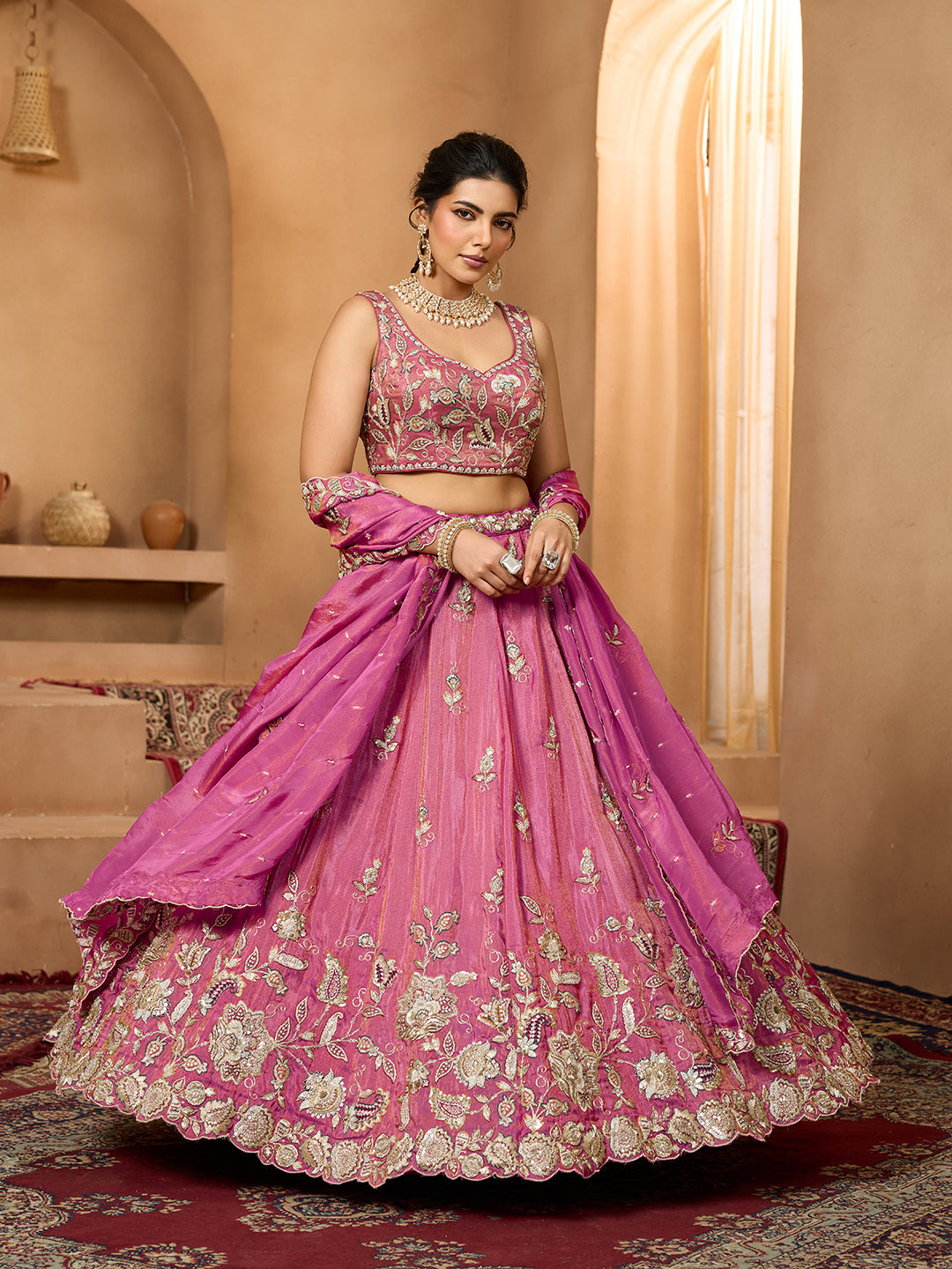 Orange- Tissue Fabric Sequinse embroidery Semi-Stitched Lehenga & Unstitched Blouse With Dupatta houseofpanchhi