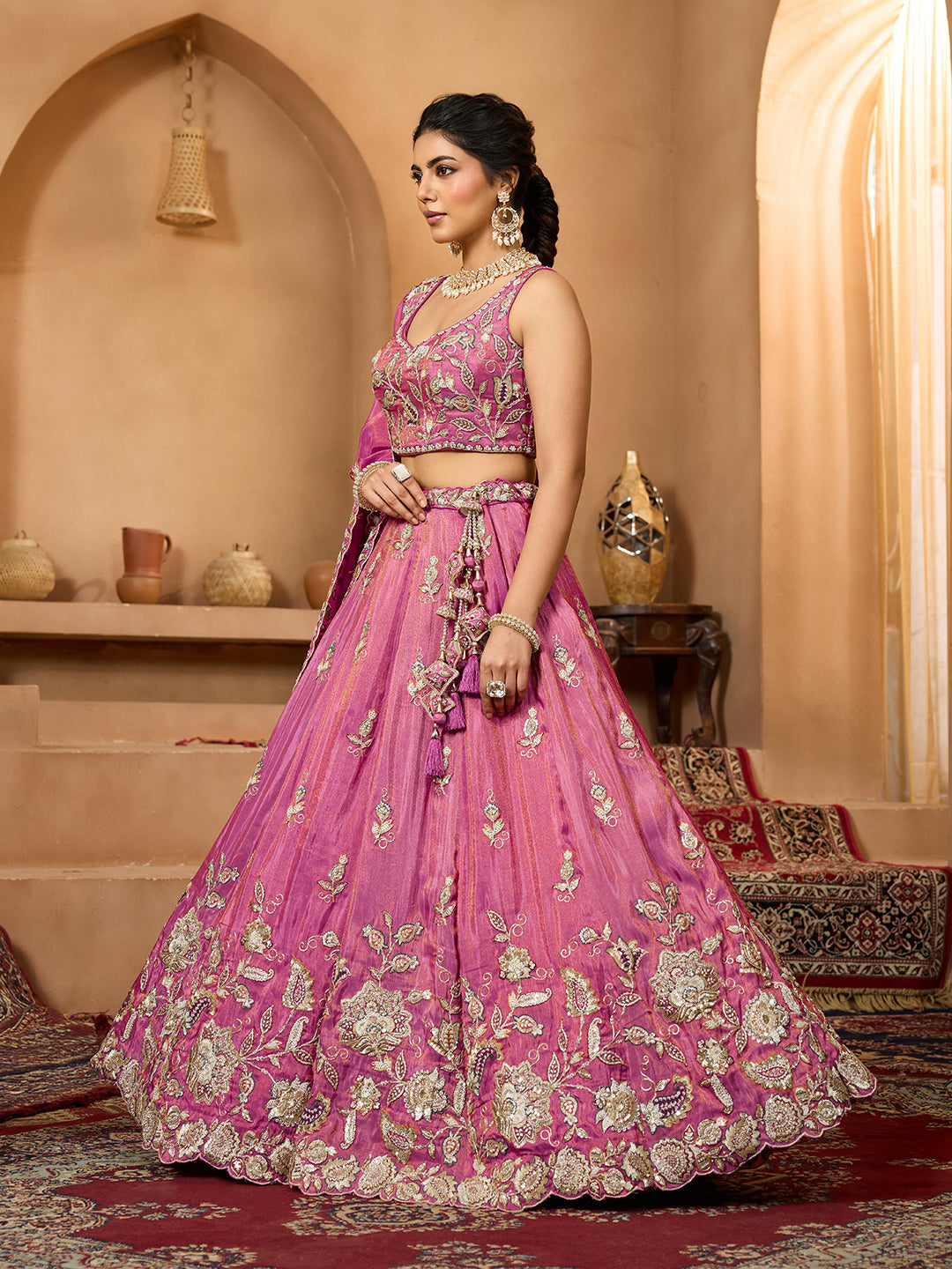 Orange- Tissue Fabric Sequinse embroidery Semi-Stitched Lehenga & Unstitched Blouse With Dupatta houseofpanchhi