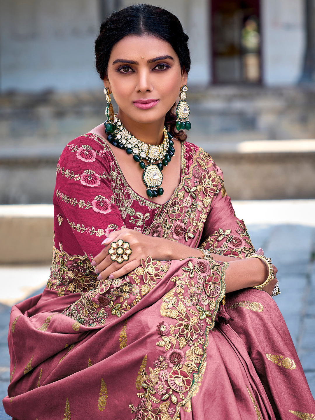 Pink Color Gadwal Silk Handwork Embroidered Saree