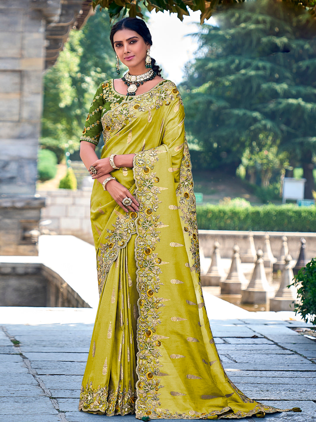 Yellow Color Gadwal Silk Handwork Embroidered Saree