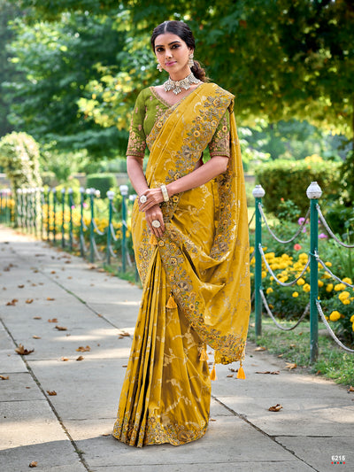 Mustard Color Gadwal Silk Handwork Embroidered Saree