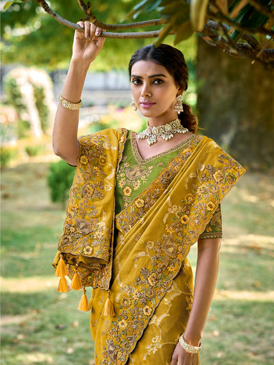 Mustard Color Gadwal Silk Handwork Embroidered Saree